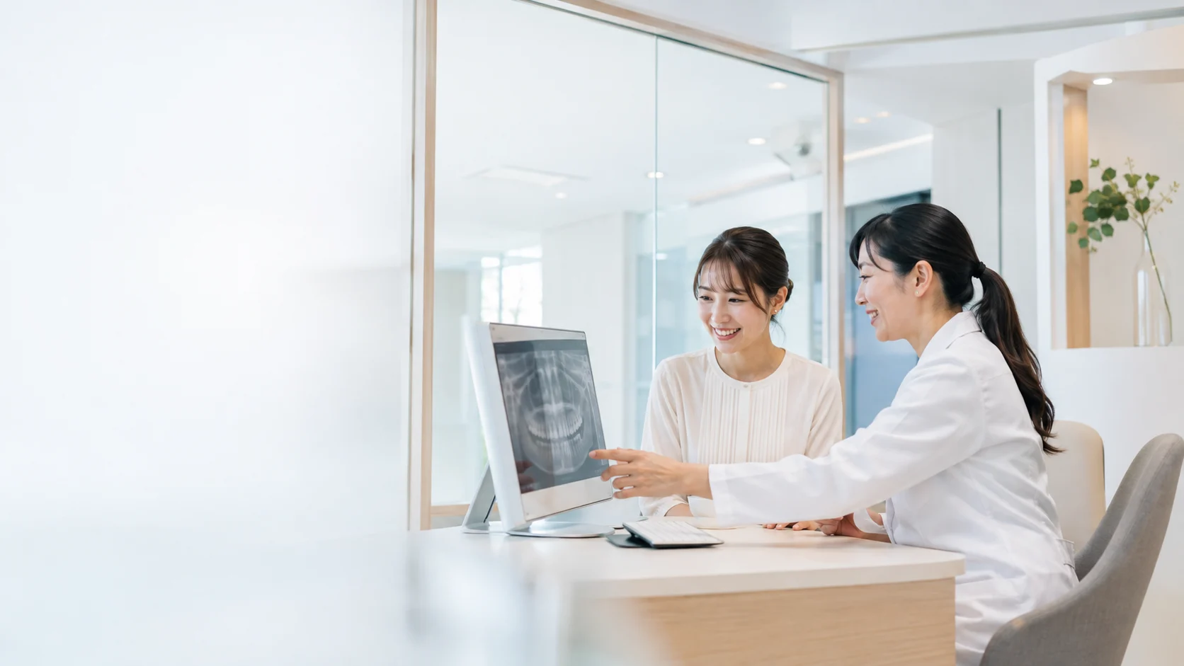 明るい相談室で歯科医師と画像を確認する患者