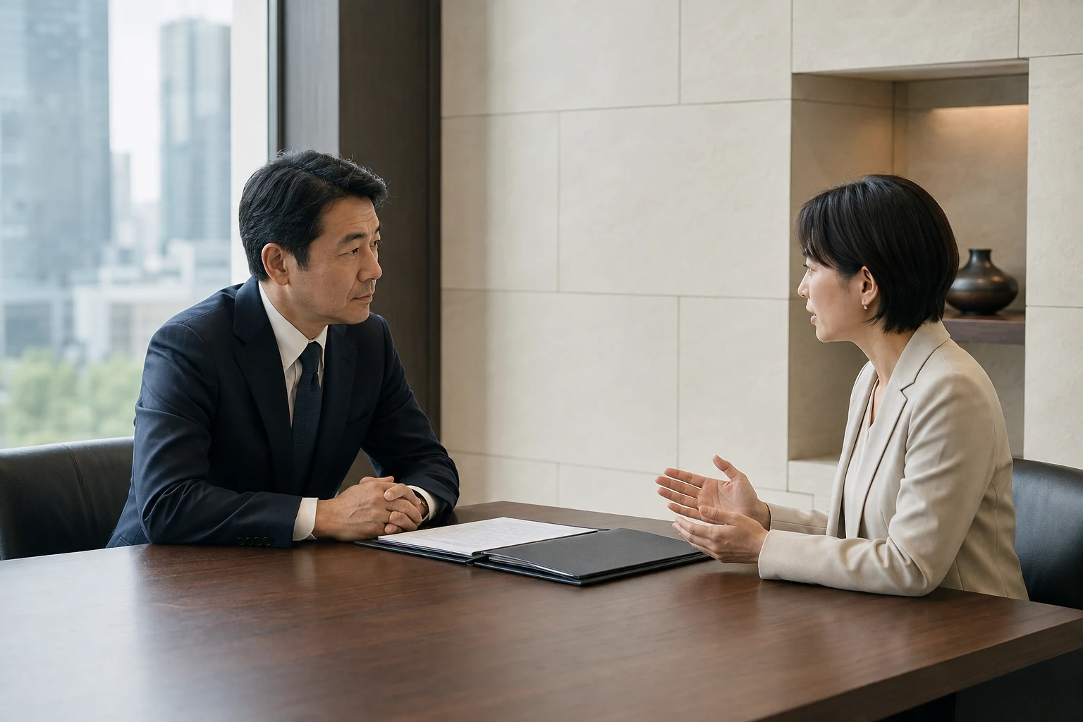 丸の内の個室で企業経営者の話を聞く弁護士